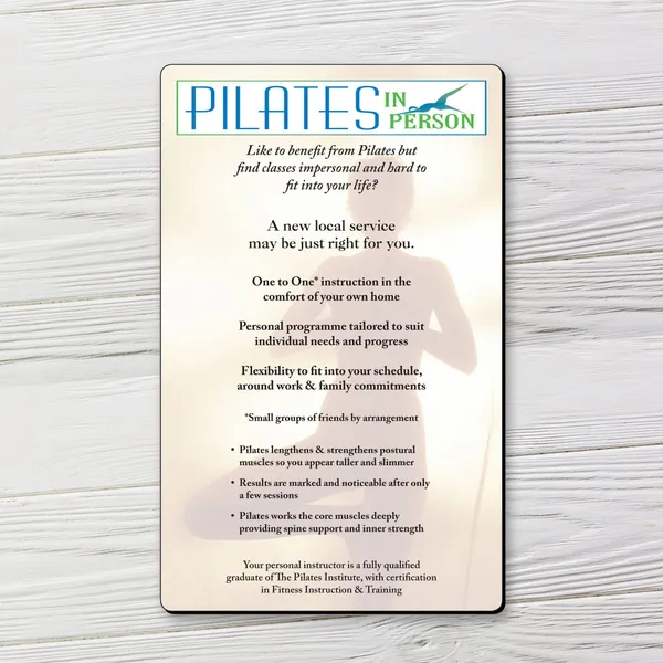 5x8 pilates promotional magnet with blue and green text on cream background
