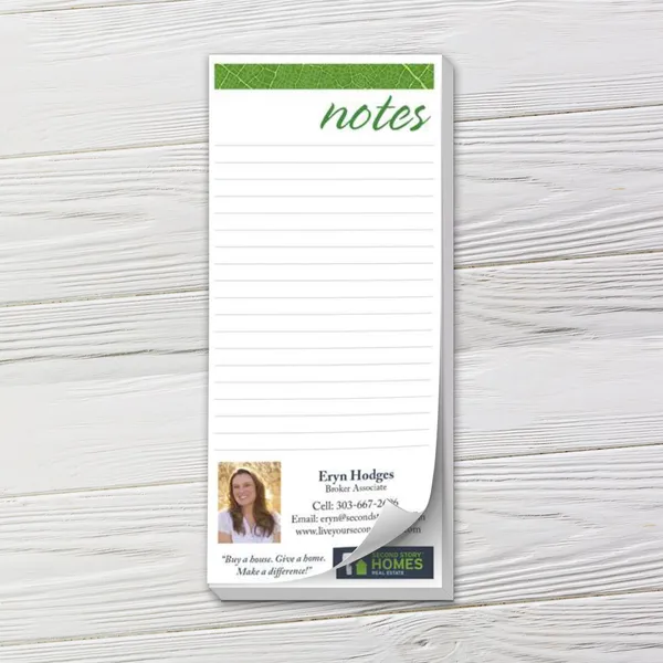 Custom notepad with green leaf header and white lined pages for notes