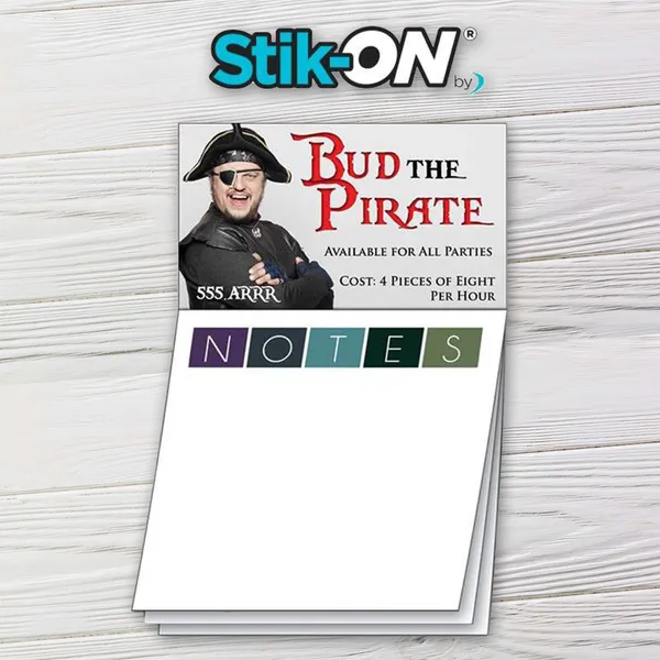 Stik-ON custom notepad with colorful header design, white note space, magnetic backing for business promotion.