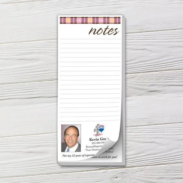 Custom notepad with plaid header, pink and yellow design, lined pages for notes
