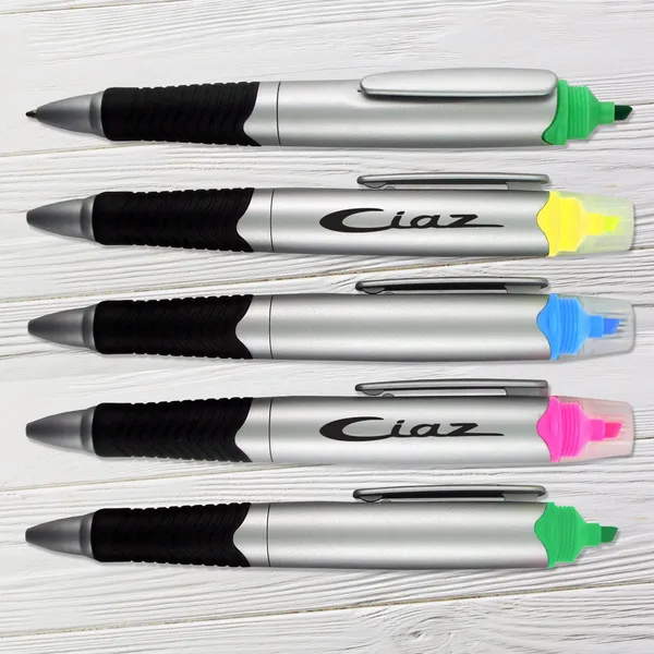 Satin silver pen and highlighter set in green, yellow, blue, and pink promotional product combo