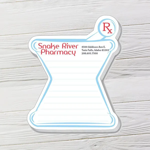 Mortar pestle shaped adhesive notes, blue and white custom notepad with Rx symbol design