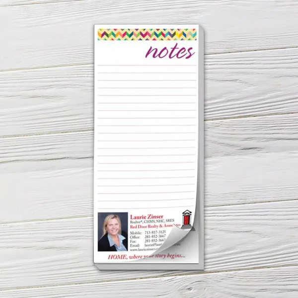 Custom notepad with colorful chevron border, purple text, and lined pages on white background