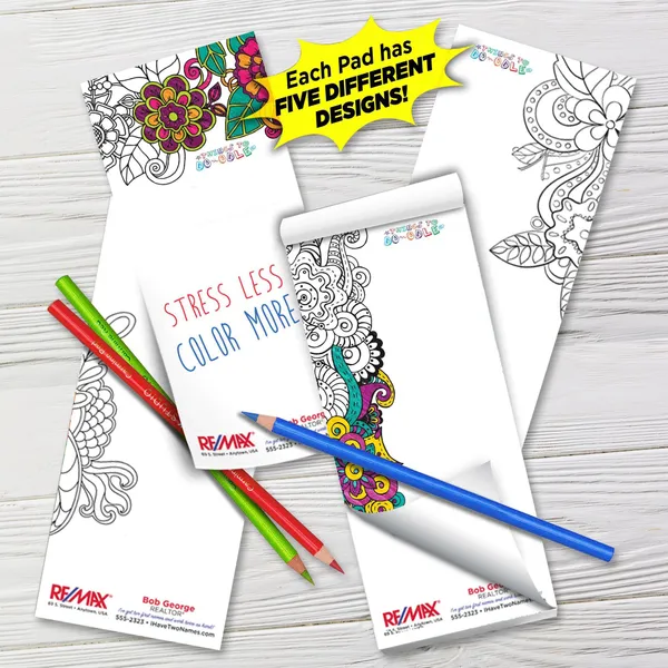 Things To Do-odle Coloring Pads 3.5x8 promotional notepads with five floral doodle designs and colorful markers