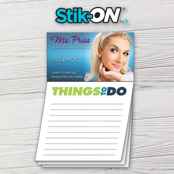 Stik-ON blue and white custom notepad magnet with lines, promotional business card size