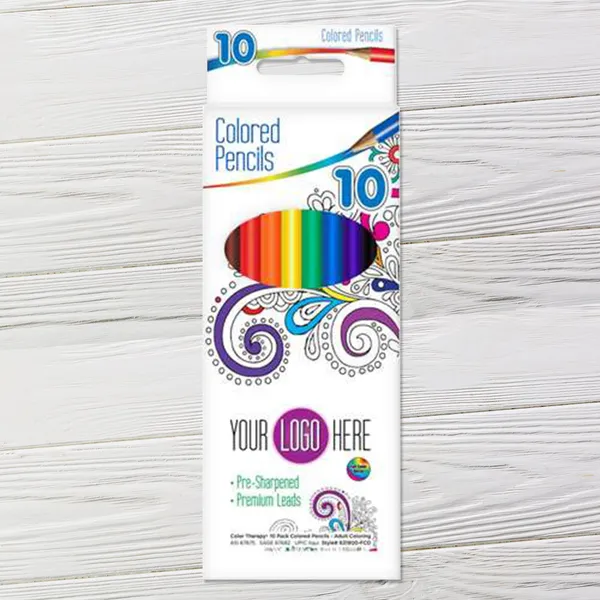Pre-sharpened 10-count colored pencils set with rainbow colors, promotional product packaging