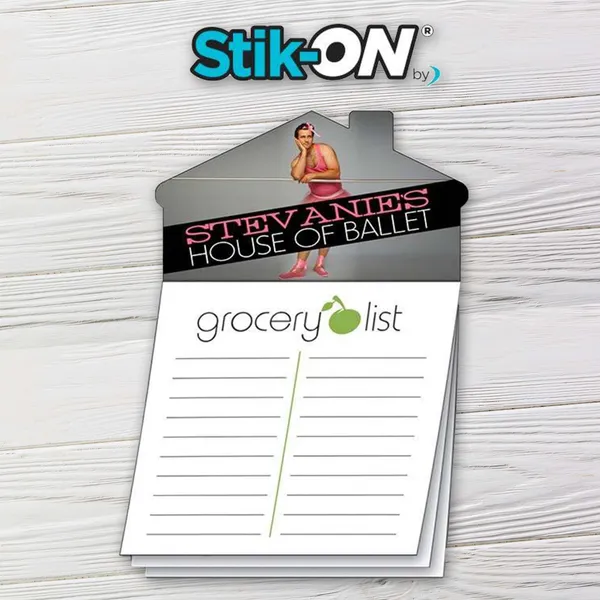 House-shaped magnetic grocery list notepad with pink and black design, custom promotional product