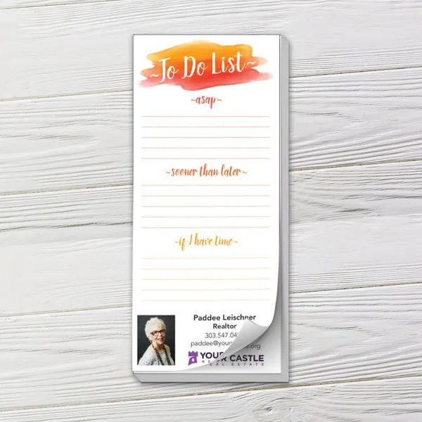 Custom to-do list notepad with orange watercolor header and multiple sections