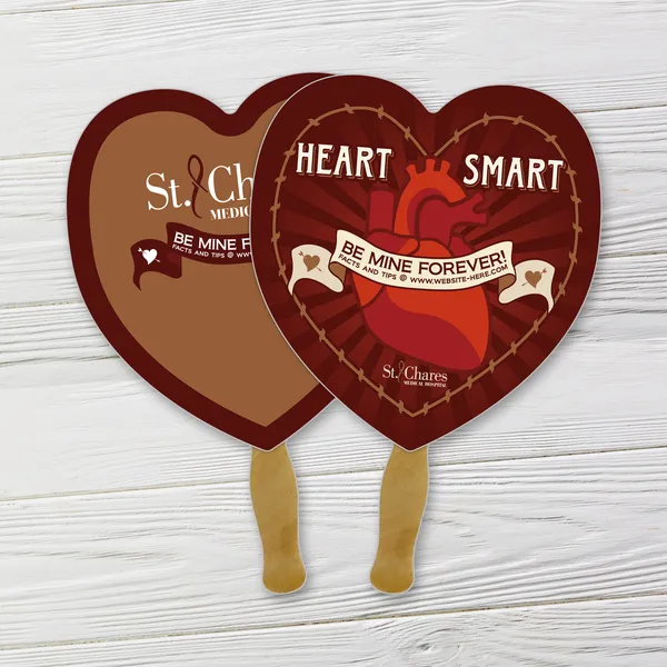 Custom printed heart-shaped hand fan 8.5" x 8" with red and tan design promotional product.