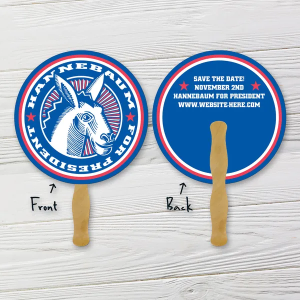 Political Hand Fan - 8.5 Inch Diameter Political Hand Fan, 8.5 inch diameter circle, blue red white, custom promotional product