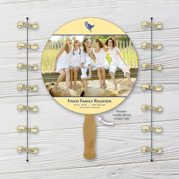 Hand Fan - 8.5 or 5.25 Inch Diameter Circle Laminated - 14 pt. Custom hand fan with photo circle, yellow and white design, 8.5 inch diameter laminated promotional product