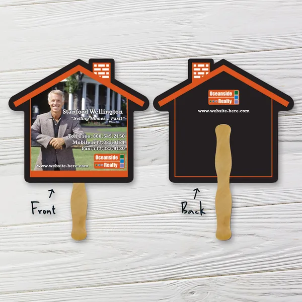 Custom printed house-shaped hand fan, orange and black promotional product, 9.625" x 8.5