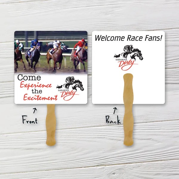 White rectangle hand fan with wooden handle, custom promotional product for racing events