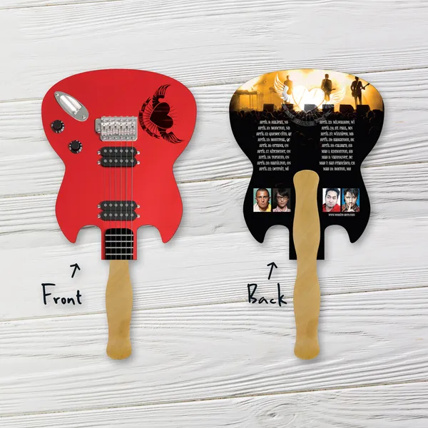 Red guitar-shaped promotional hand fan with wooden handle, 6.5x8 inches