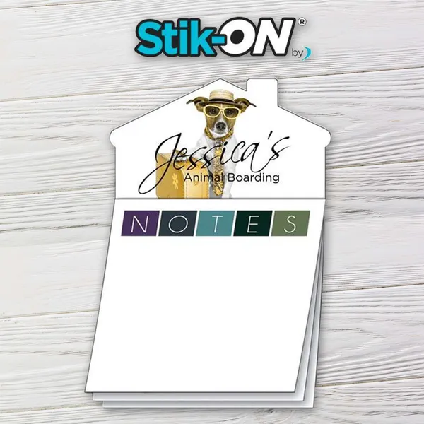 House-shaped magnetic notepad with purple, black, teal and green color scheme for custom promotions
