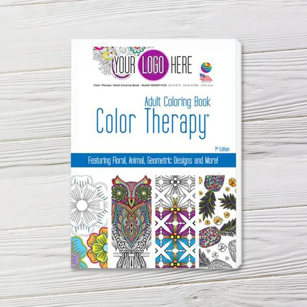 Adult Color Therapy Coloring Book with floral and geometric designs, promotional product