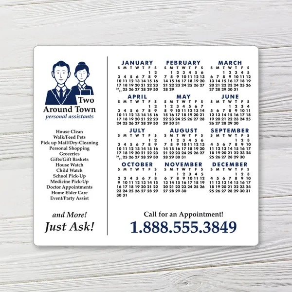 6.75x6" round corner magnet with navy and white calendar design, promotional product