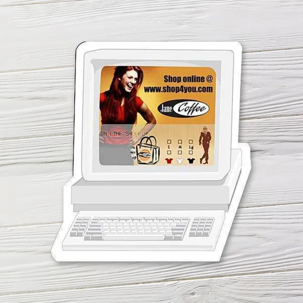 White computer-shaped magnet promotional product, 2.5x2.75 inches