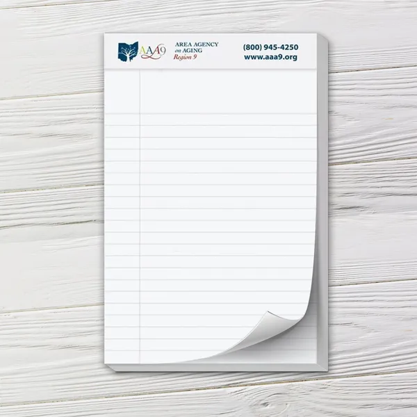 White 5x8 legal pad with blue header imprint, custom notepad for business use