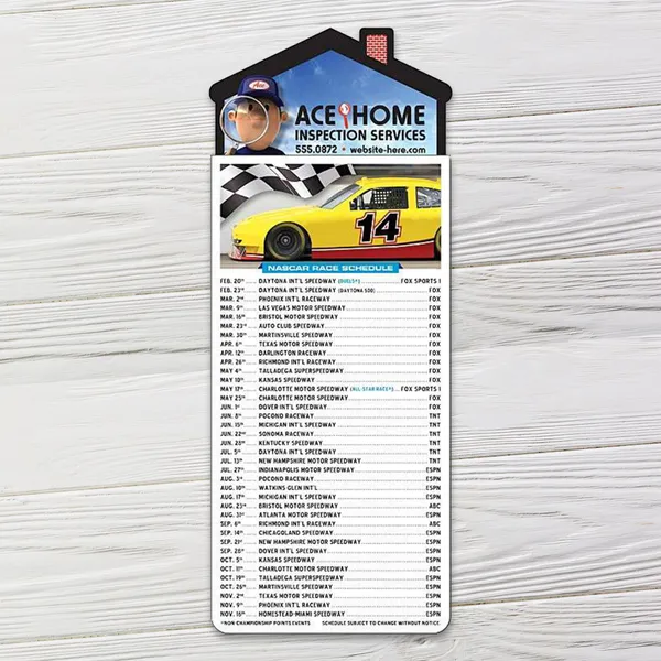 House-shaped magnetic notepad with yellow race car, checkered flag design, 3.5x9 custom promotional product