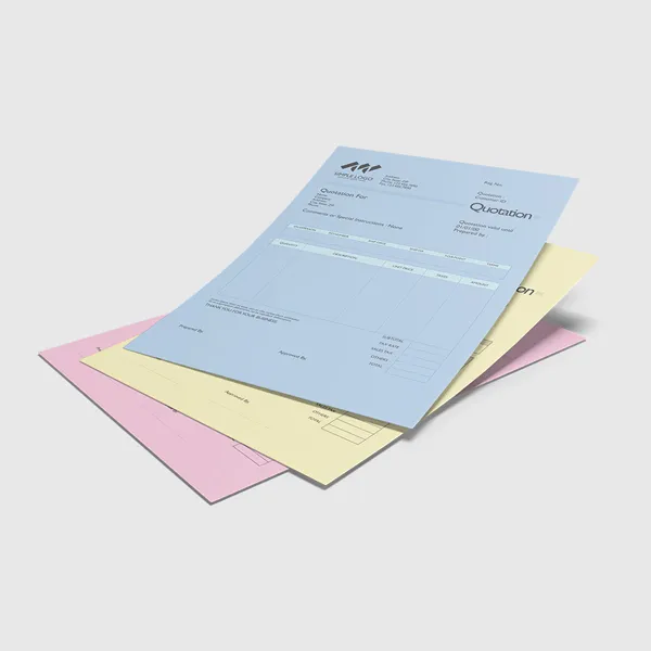 3-part NCR forms in blue, yellow, and pink with variable numbering custom notepad
