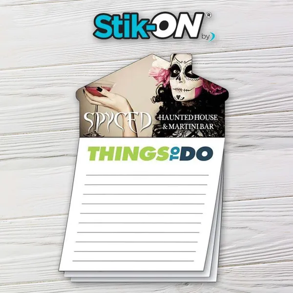 House-shaped magnetic notepad with skull artwork and lines for lists, promotional product design