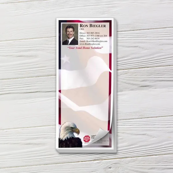 Custom patriotic notepad with eagle design, burgundy and cream color scheme, vertical format