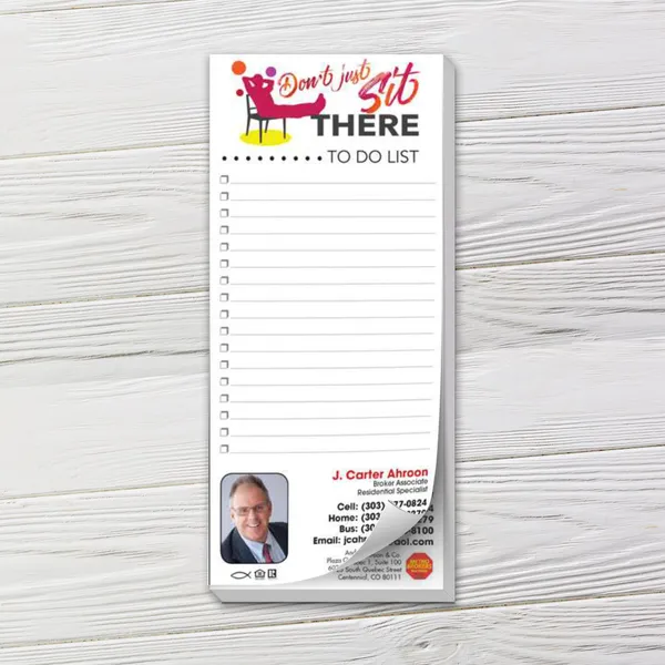 Custom to-do list notepad with colorful sit design, checkboxes, and contact info section on white paper.