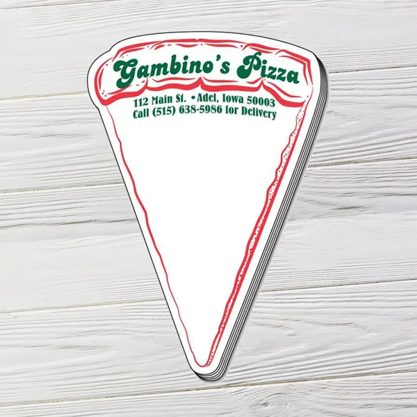 Pizza slice shaped adhesive notes in red and white, custom notepad promotional product