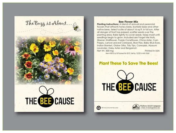 Bee Flower Mix seed packet with colorful floral photo and bee logo promotional product design
