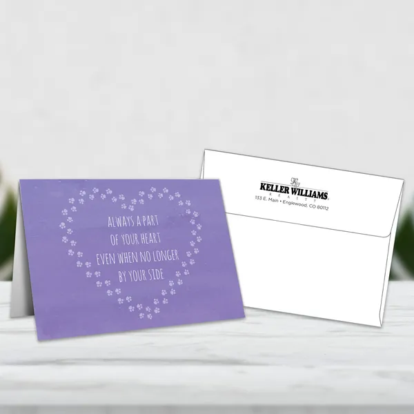 Purple sympathy greeting card with paw prints, 5x7 custom notecard with white envelope