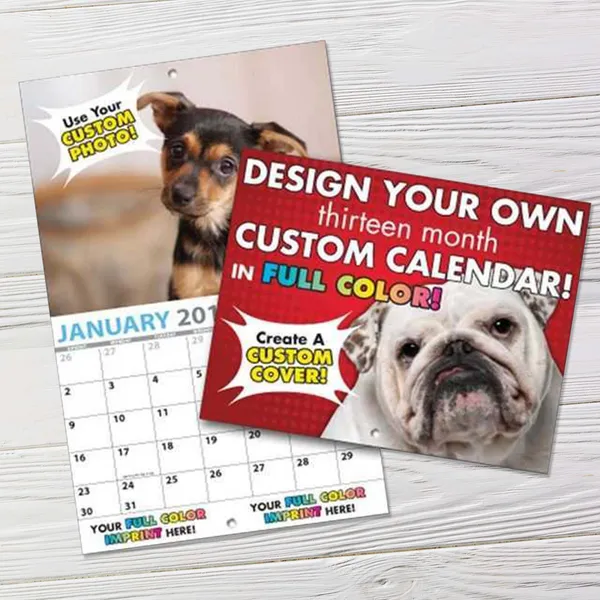 Custom printed wall calendar with dog photos, full color design, 13-month layout