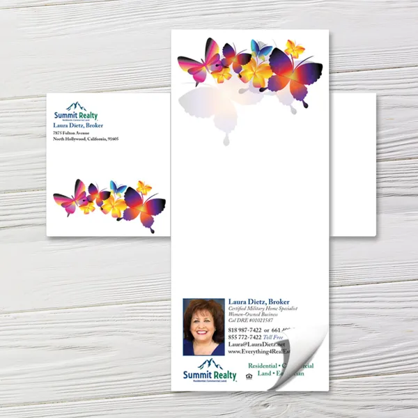 Custom notepad with colorful butterflies and watercolor design in purple, pink, and yellow