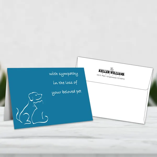 Blue pet sympathy greeting card with envelope, 5x7 custom notepad with dog illustration