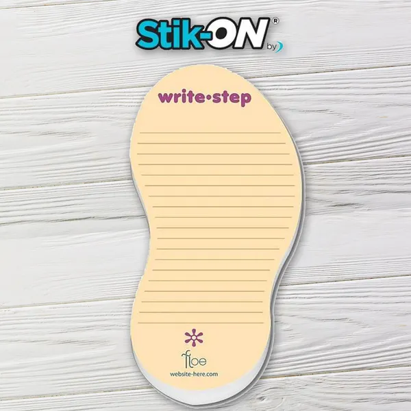 Stik-ON Shoe Print Shape Adhesive Notes, Yellow Custom Notepad with Purple Text