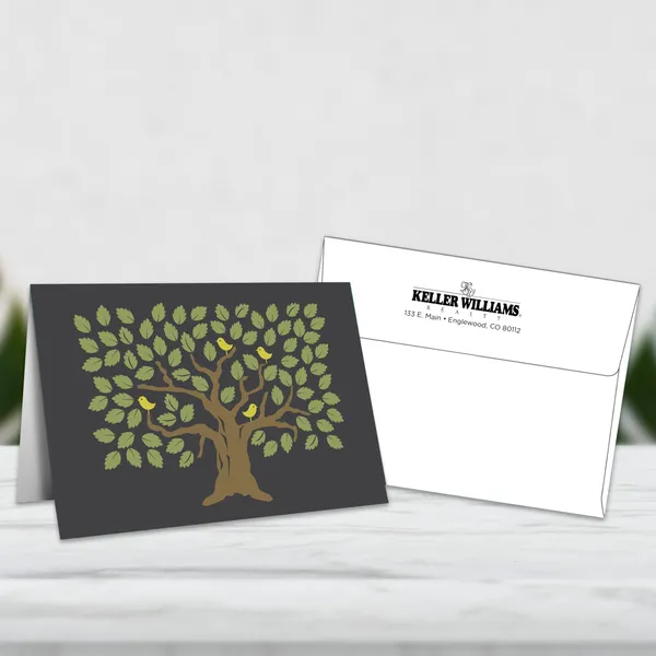 Sympathy greeting cards with tree design, dark gray and gold custom notepad, 5x7 with envelopes