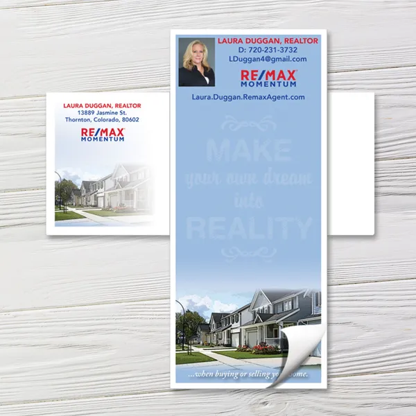 Custom blue notepad with matching envelope featuring real estate design and professional branding layout