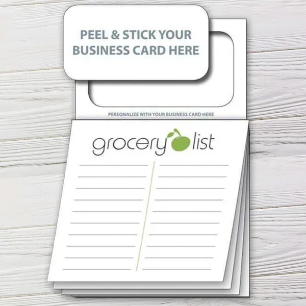 Magnetic sticky pad grocery list notepad, white with green accents, 20 sheets, customizable promotional product