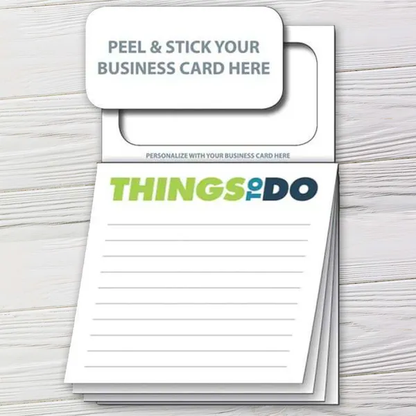 Magnetic sticky pad with green and teal text, 20 sheets, custom notepad for to-do lists on white background.