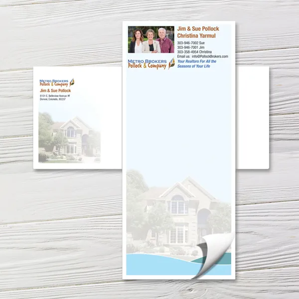 Custom notepad with house image, blue accent stripe, and matching envelope set