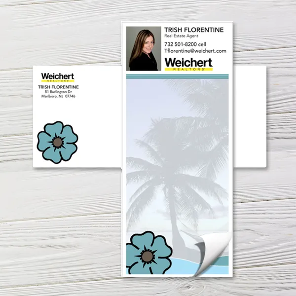 Custom notepad with matching envelopes, palm tree design, blue and white color scheme