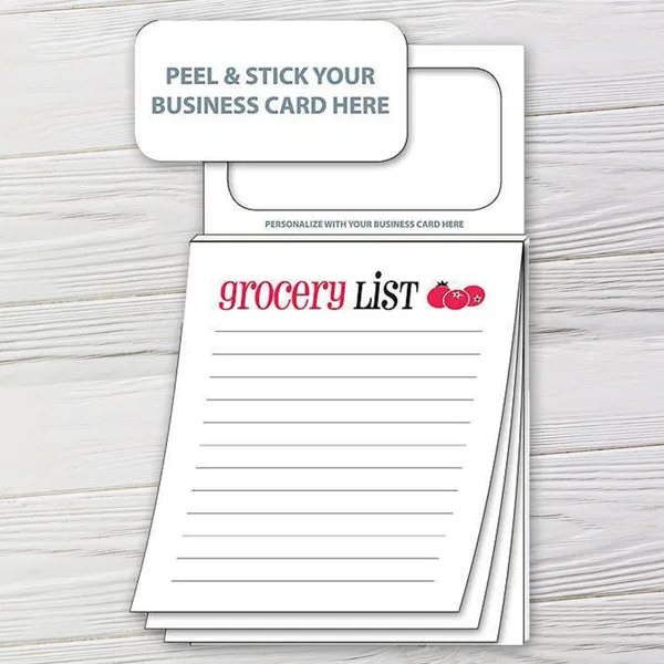 Magnetic grocery list notepad with red and black text on white background, customizable business card slot