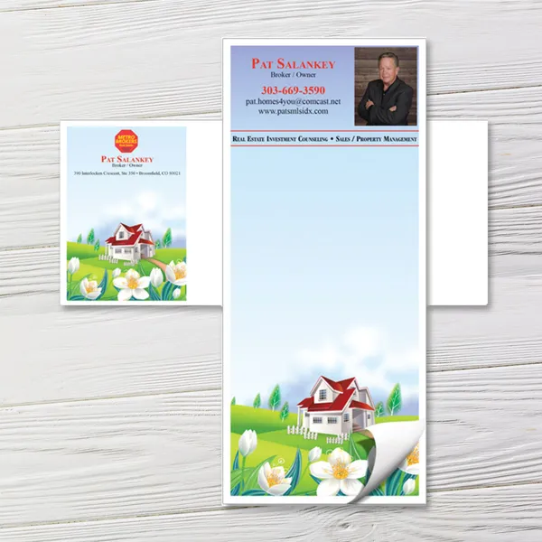 Custom notepad with matching envelopes, summer house design, blue and green color scheme