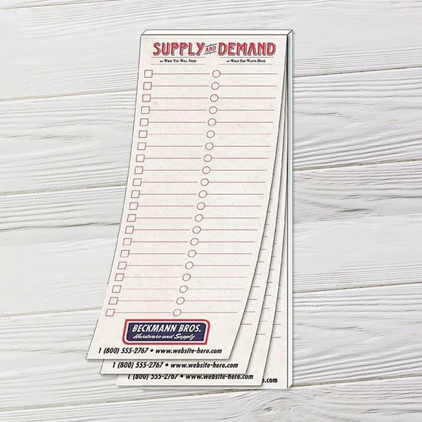 Custom 3.5x8.25 adhesive notepad with red and white design and checkbox layout