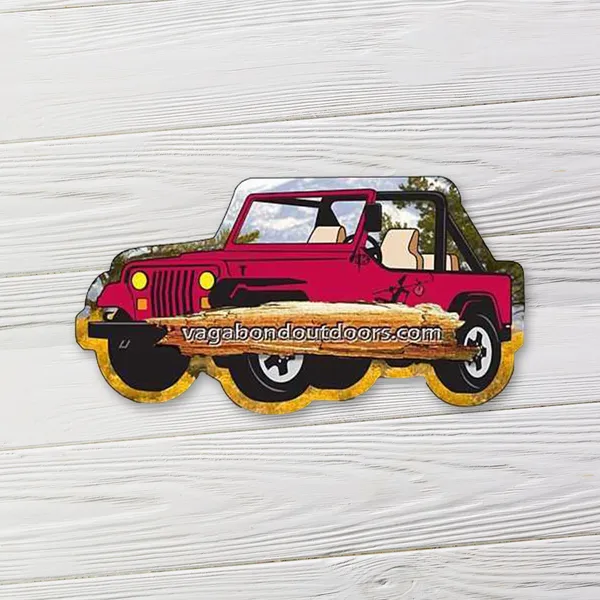 Red Jeep shaped magnet 4.25x2.25 inches with gold trim promotional product