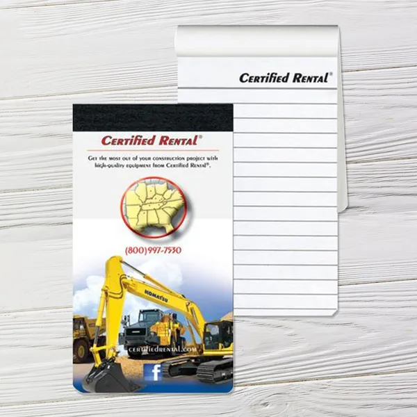 Full color taped memo books 2.75x5 inches, yellow and blue custom notepad with promotional branding space.