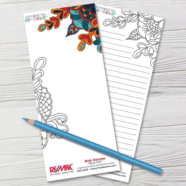 Things To Do-odle Coloring Pads 3.5x8 custom notepad with doodle designs in blue and orange