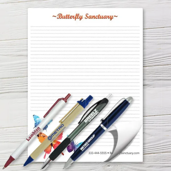 Large hotel pad and pen combo set, 8.5x11 custom notepad with four promotional pen options in various colors.