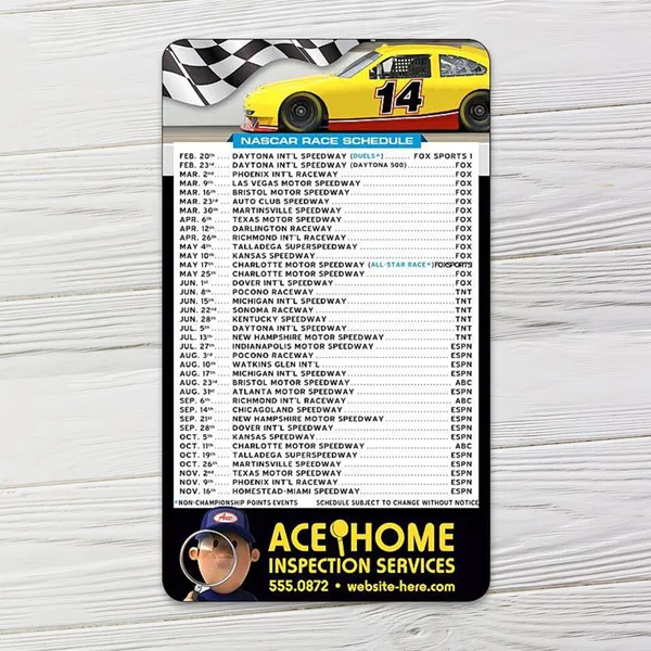 NASCAR race schedule magnet, yellow and red sport car design, 3.5x6 rounded corners promotional product