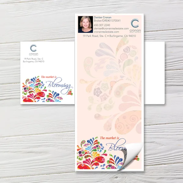 Custom notepad with matching envelopes, floral blooming design, pink watercolor, colorful botanical accents